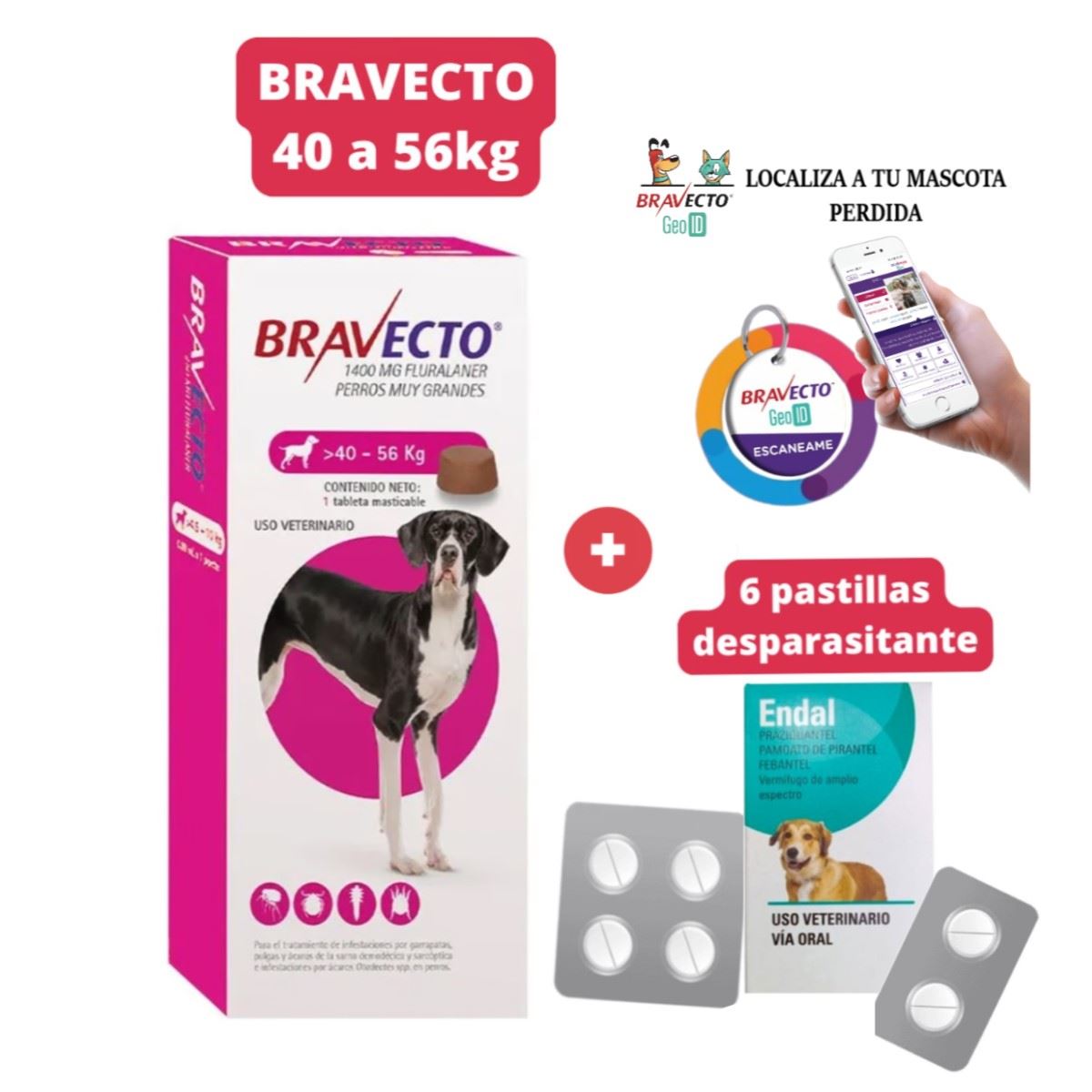 Antipulgas Bravecto para perros de 40 - 56 kg + Geolocalizador para Mascota